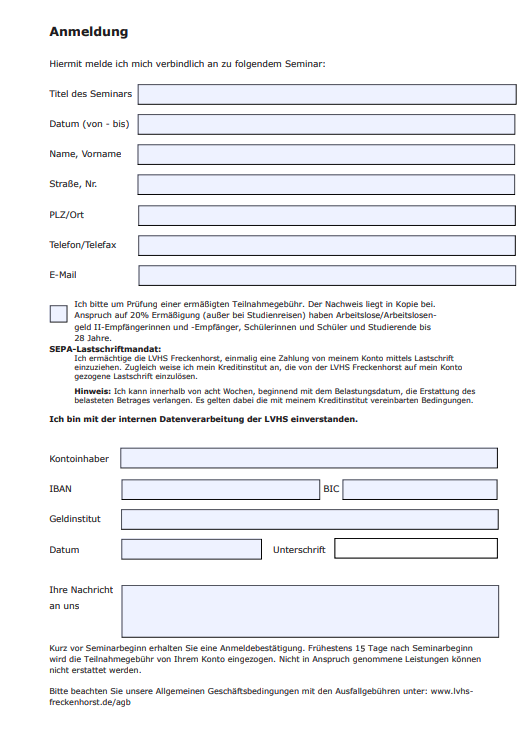 Anmeldeformular für Kurse