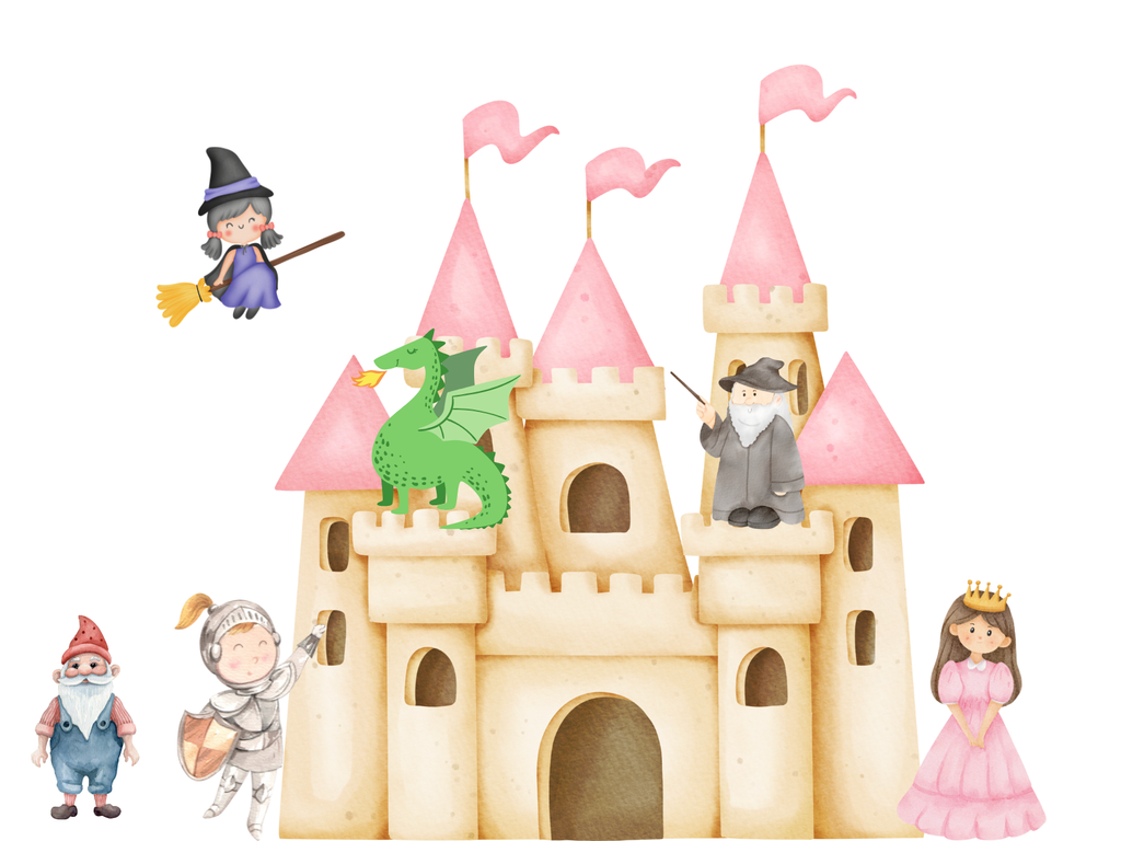 Eine Zeichentrick Burg die 5 rosa Spitz-Dächer und drei rosafarbene Flaggen hat. Ein feuerspeiender Drache und ein Zauberer sind oben auf der Burg zu sehen. Eine Prinzessin ein Ritter, ein  Zwerg und eine Hexe auf einem Besen sind rund um die Burg verteil