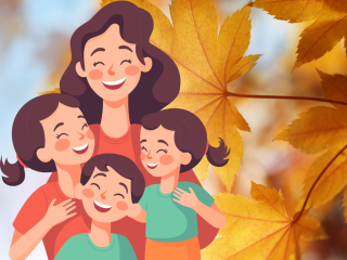Zeichnung von lachenden Kindern und Mutter mit Herbstblättern im Hintergrund